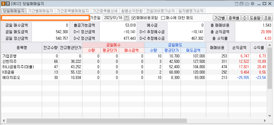 콜리koly의 당일 종목 매매내역