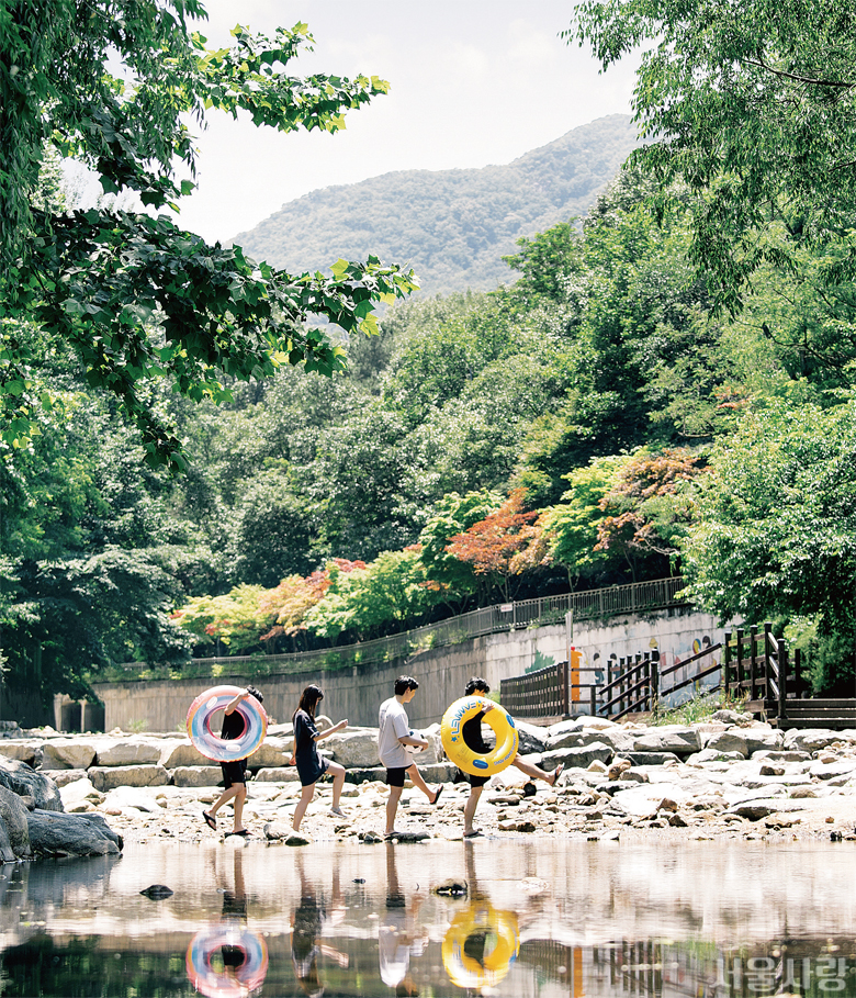 관악산 신림계곡은 짙은 녹음 사이에 널찍하게 펼쳐져 있다.