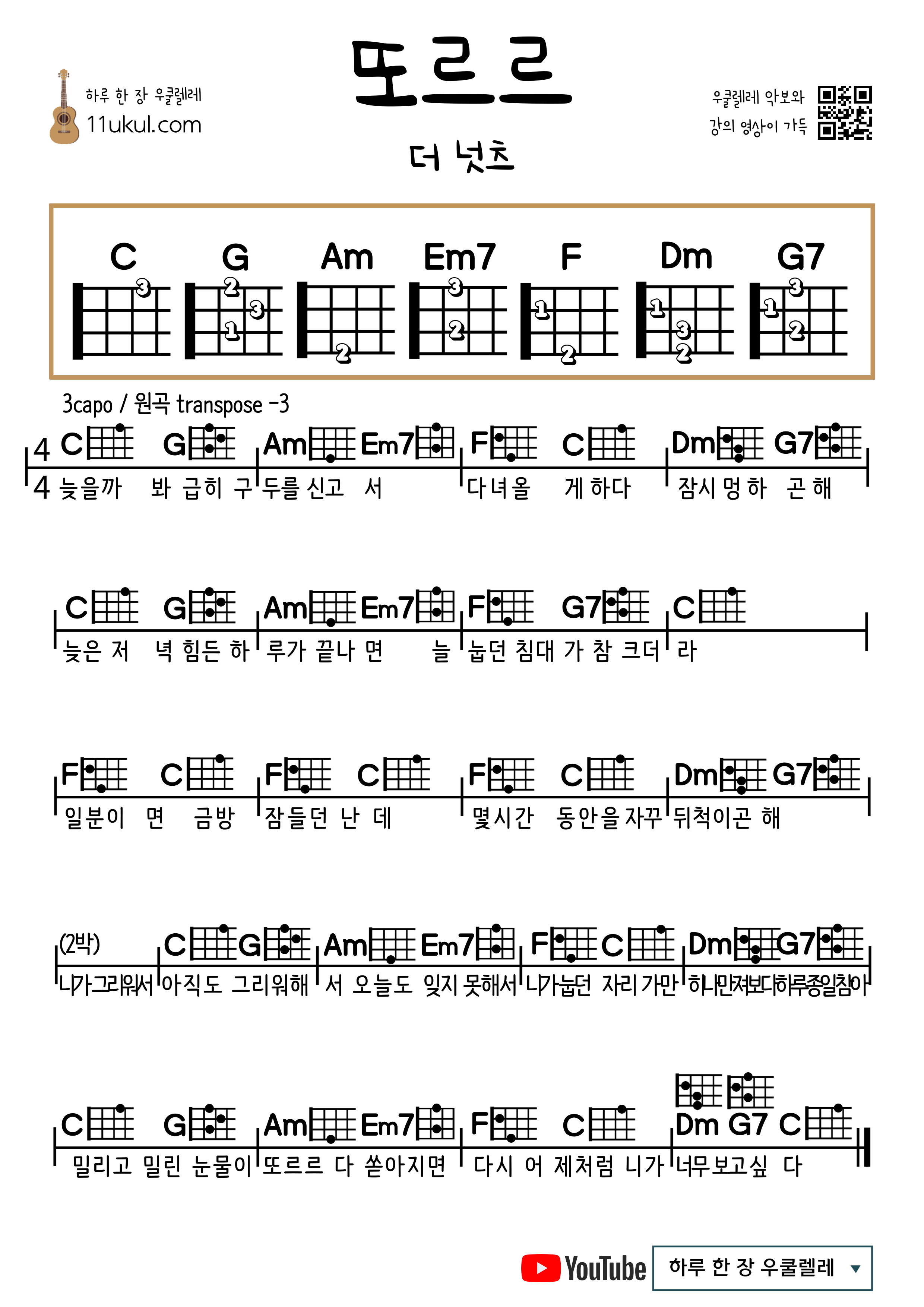 또르르(더 넛츠) 우쿨렐레 쉬운 코드 악보 Torr (The Nuts) Ukulele Easy chord sheet music