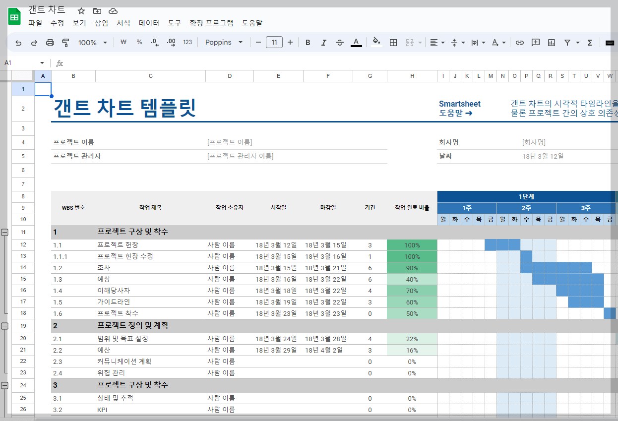 무료로 제공되는 간트차트 템플릿