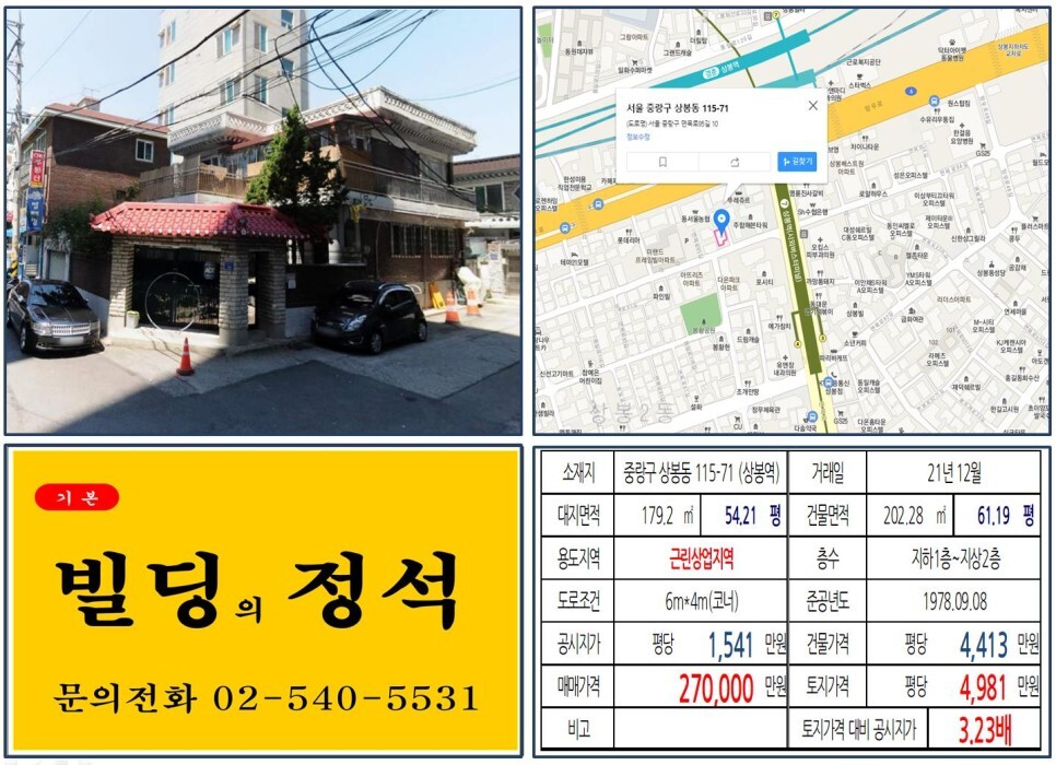  [중랑구 일반상업지역 20억 꼬마빌딩 실거래가 조회] 상봉동 115-71 (상봉역) 27억 원, 평당 4,981만 원 매매되었습니다.
