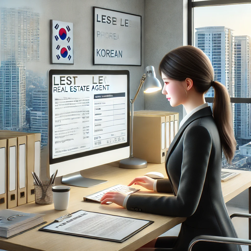 공인중개사가 사무실에서 입주 의향서를 작성 중인 모습