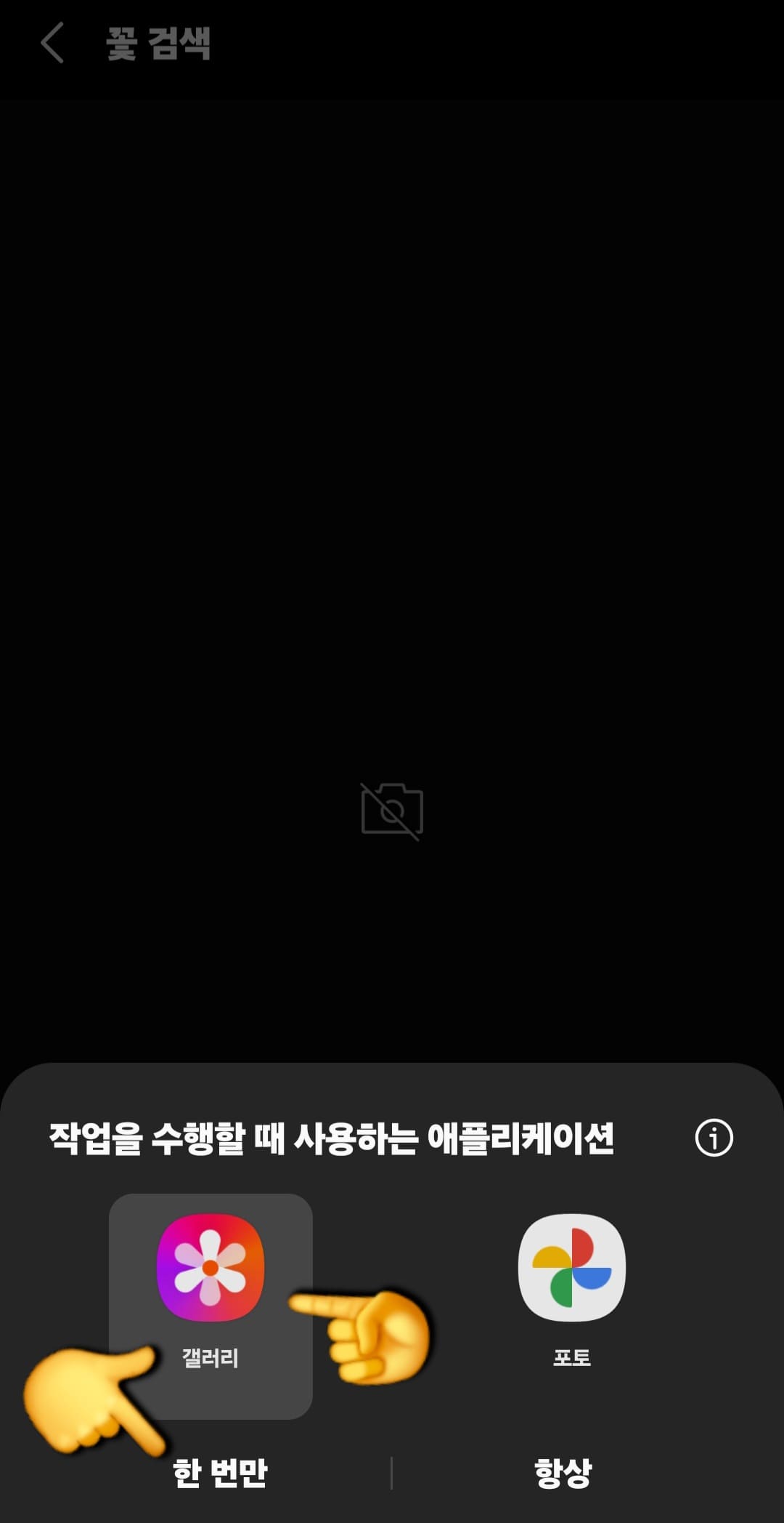 다음(Daum)-꽃검색-방법-안내-작업을-수행할-때-사용하는-애플리케이션-선택-창이-나오면-갤러리-또는-포토-중-하나를-고르고-한-번만-또는-항상-중-선택합니다.