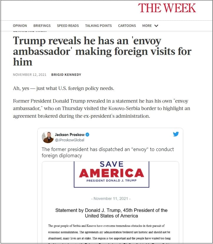 Trump reveals he has an 'envoy ambassador' making foreign visits 
