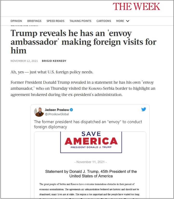  트럼프, 코소보-세르비아 국경에 자신의 외교 특사 파견  VIDEO: Trump reveals he has an 'envoy ambassador' making foreign visits for him