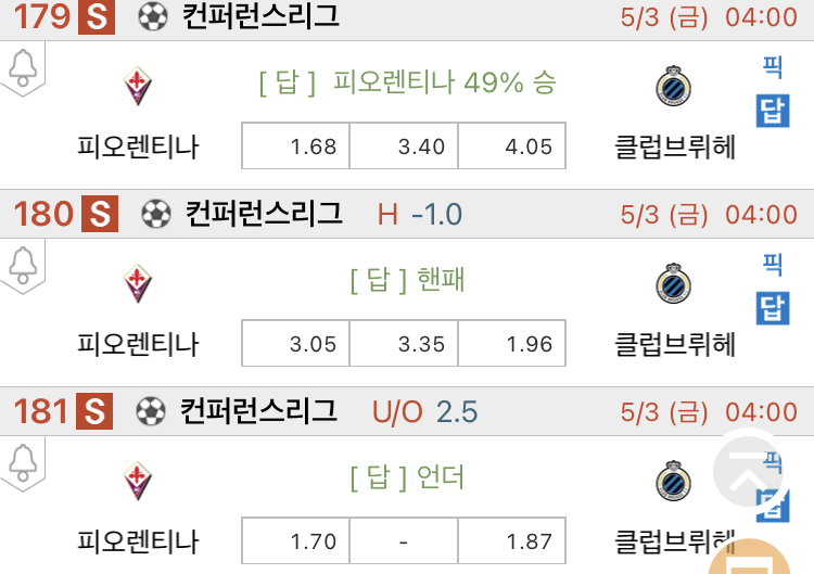[진짜총판] 5월3일 피오렌티나 VS 클럽브뤼헤 해외축구분석