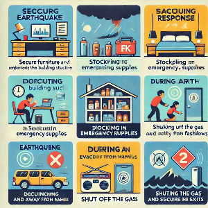 A visual guide illustrating earthquake preparedness and response measures