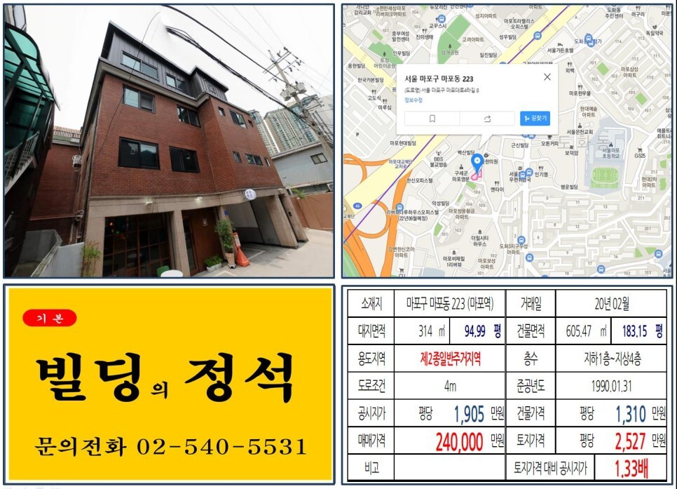  [마포구 마포대교 20억 꼬마빌딩 실거래가 조회] 마포동 223 (마포역) 24억 원, 평당 2,527만 원 매매되었습니다. 리버뷰나루하우스오피스텔, BBS불교방송국