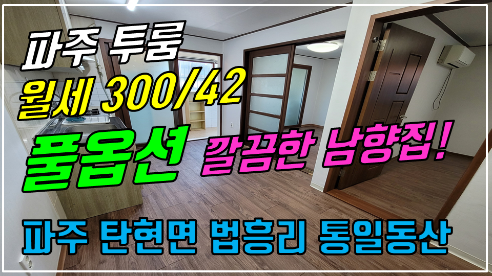  파주 탄현면 법흥리투룸/통일동산투룸/신세계첼시아울렛투룸/헤이리 투룸 월세 300/42만 풀옵션 개방감 좋고 베란다 넓은 남향집 1층 도배 새로한 깔끔한 투룸