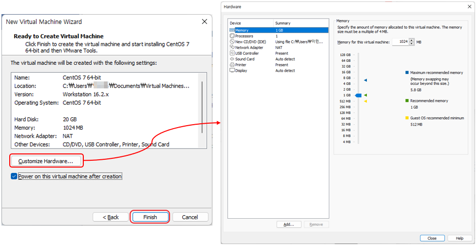 Customize Hardware... 버튼을 클릭해 하드웨어 설정을 변경 가능