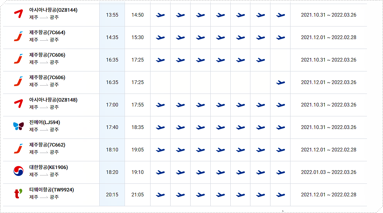 제주공항 → 광주공항 비행기 시간표 (도착편) 2