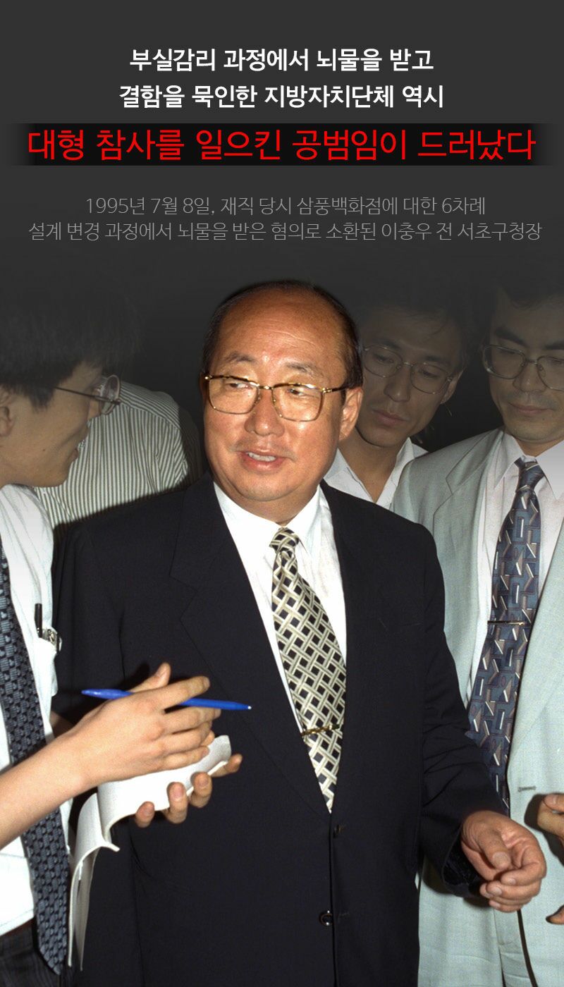 부실감리 과정에서 뇌물을 받고
결함을 묵인한 지방자치단체 역시
대형 참사를 일으킨 공범임이 드러났다
1995년 7월 8일, 재직 당시 삼풍백화점에 대한 6차례
설계 변경 과정에서 뇌물을 받은 혐의로 소환된 이충우 전 서초구청장