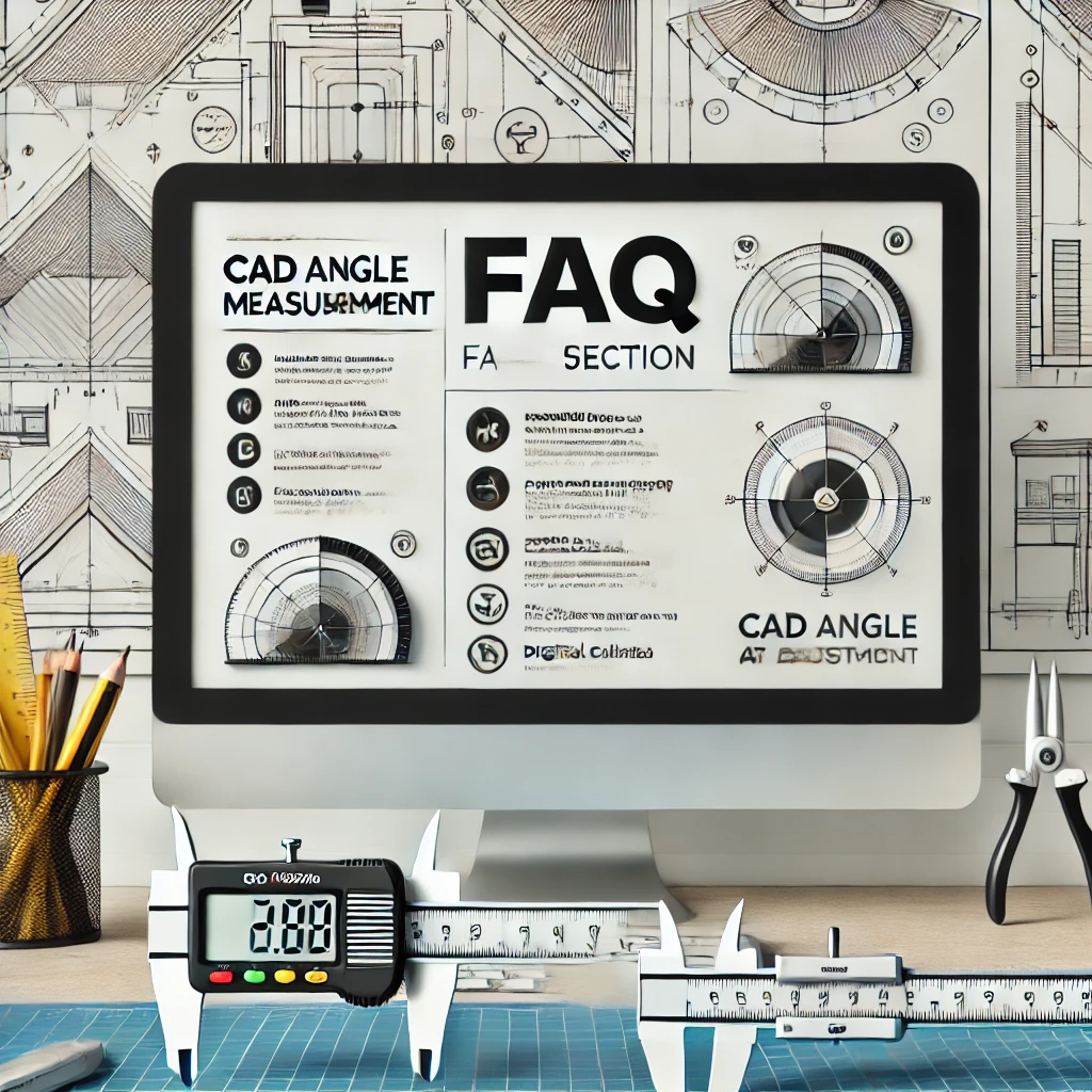 컴퓨터 화면에 표시된 CAD 각도 측정에 관한 FAQ, 주변에 CAD 도구와 기술 도면이 있는 전문적인 사무실 환경