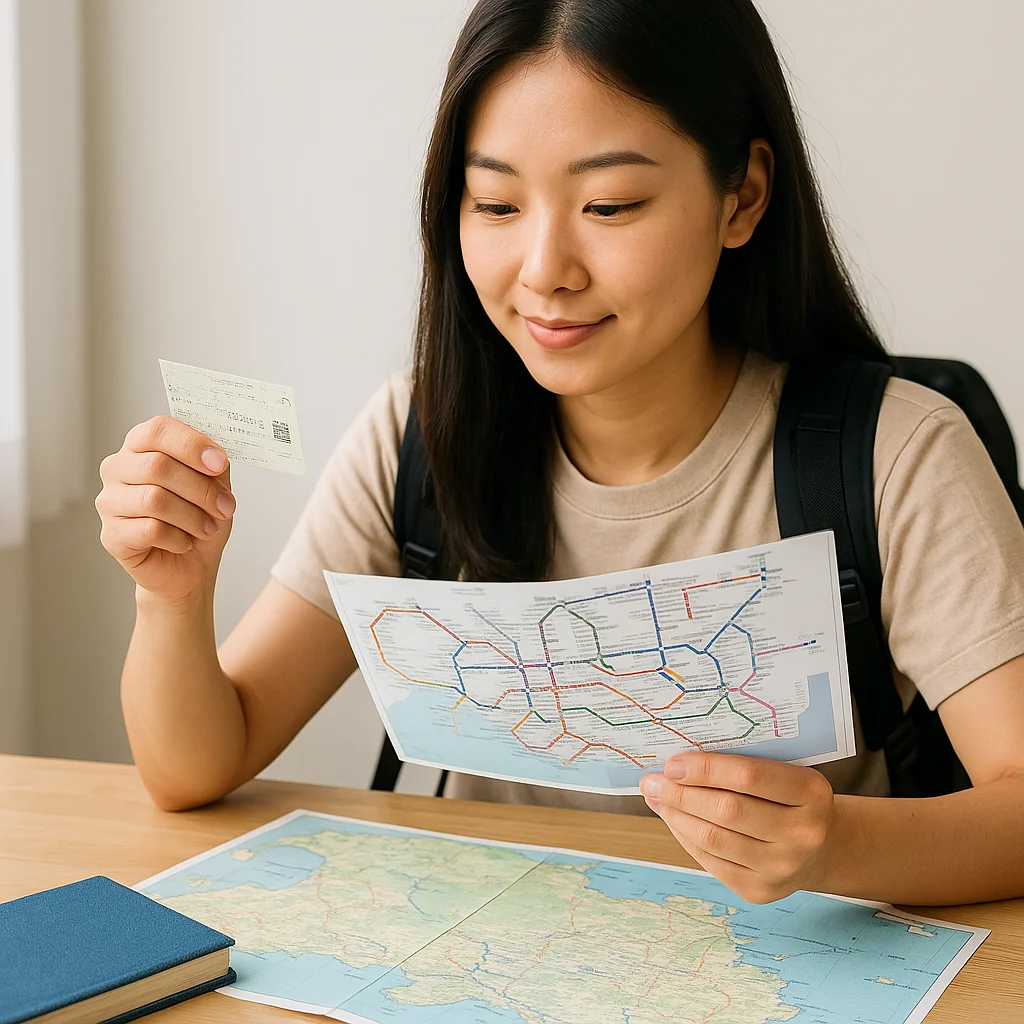 A young Korean traveler planning a trip with regional transport maps and train tickets