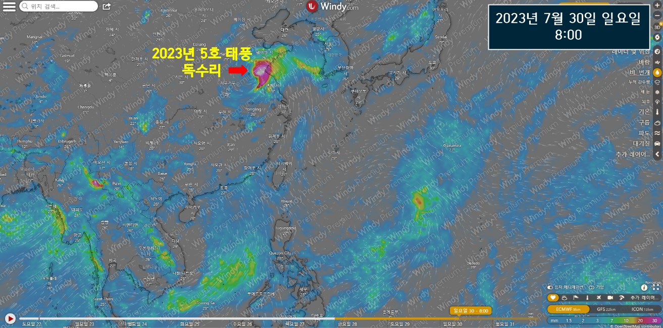 2023년 7월 30일 일요일 8:00 5호 태풍 독수리 위치