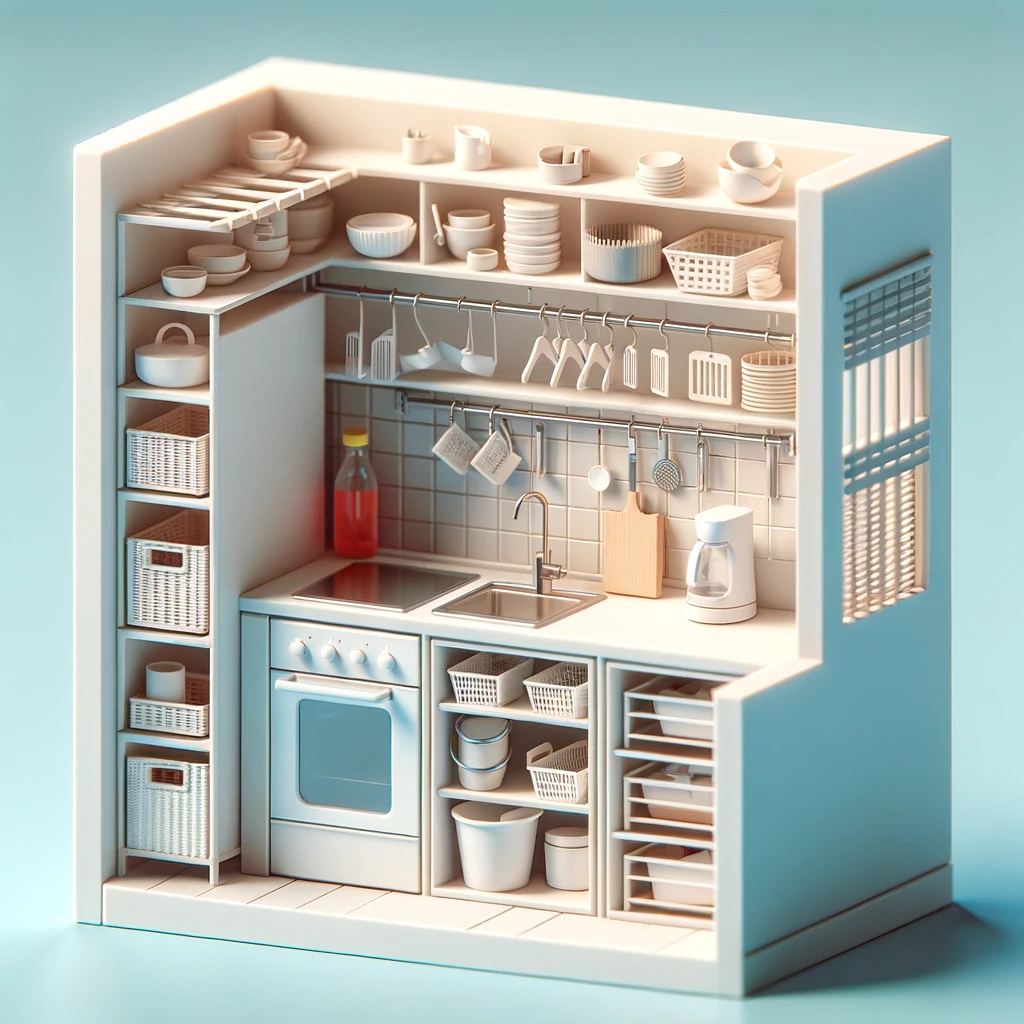컴팩트한 주방에서 공간을 효과적으로 활용하는 방법을 잘 보여주는 이미지
