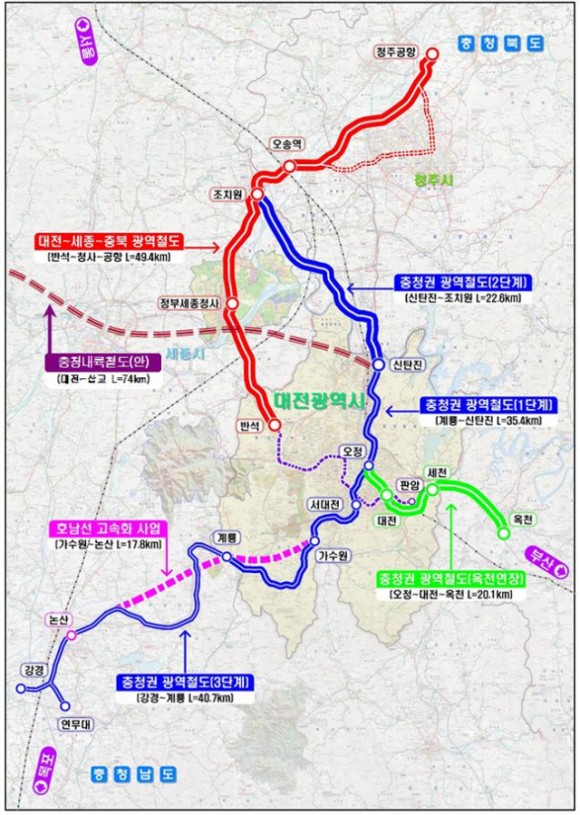 대전 지하철 2호선(수소 트램) 노선도&amp;#44; 주요 구간&amp;#44; 2024년 착공 시기