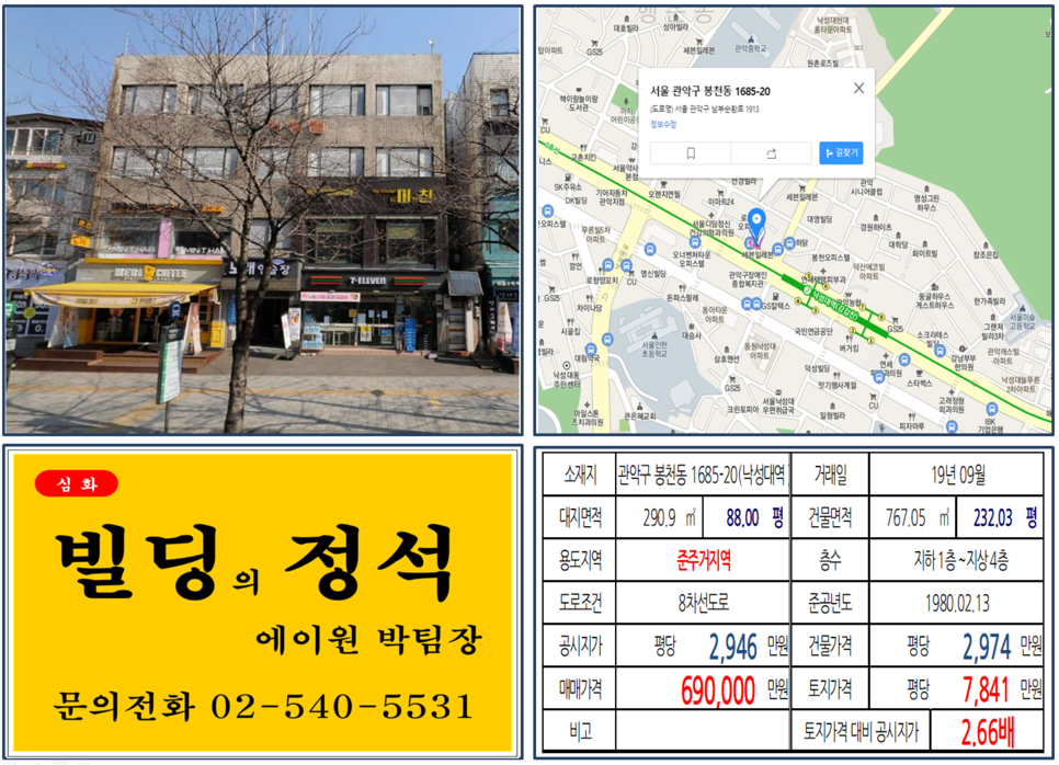  [관악구 대로변 초역세권 빌딩 실거래가 조회] 봉천동 1685-20 (낙성대역) 69억 원, 평당 7,841만 원, 2호선 역세권 준주거지역 대