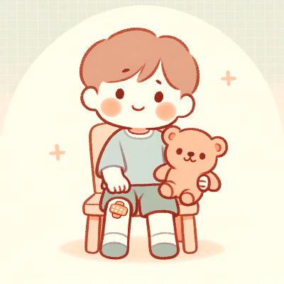 An illustration of a child with a small bandage on their knee&#44; sitting on a chair with a teddy bear.