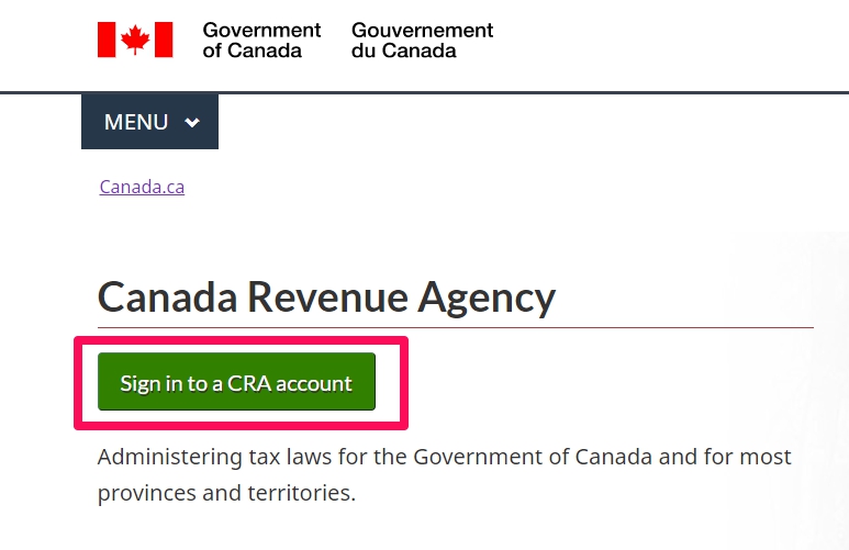 캐나다 국세청 홈페이지에서 로그인 페이지입니다