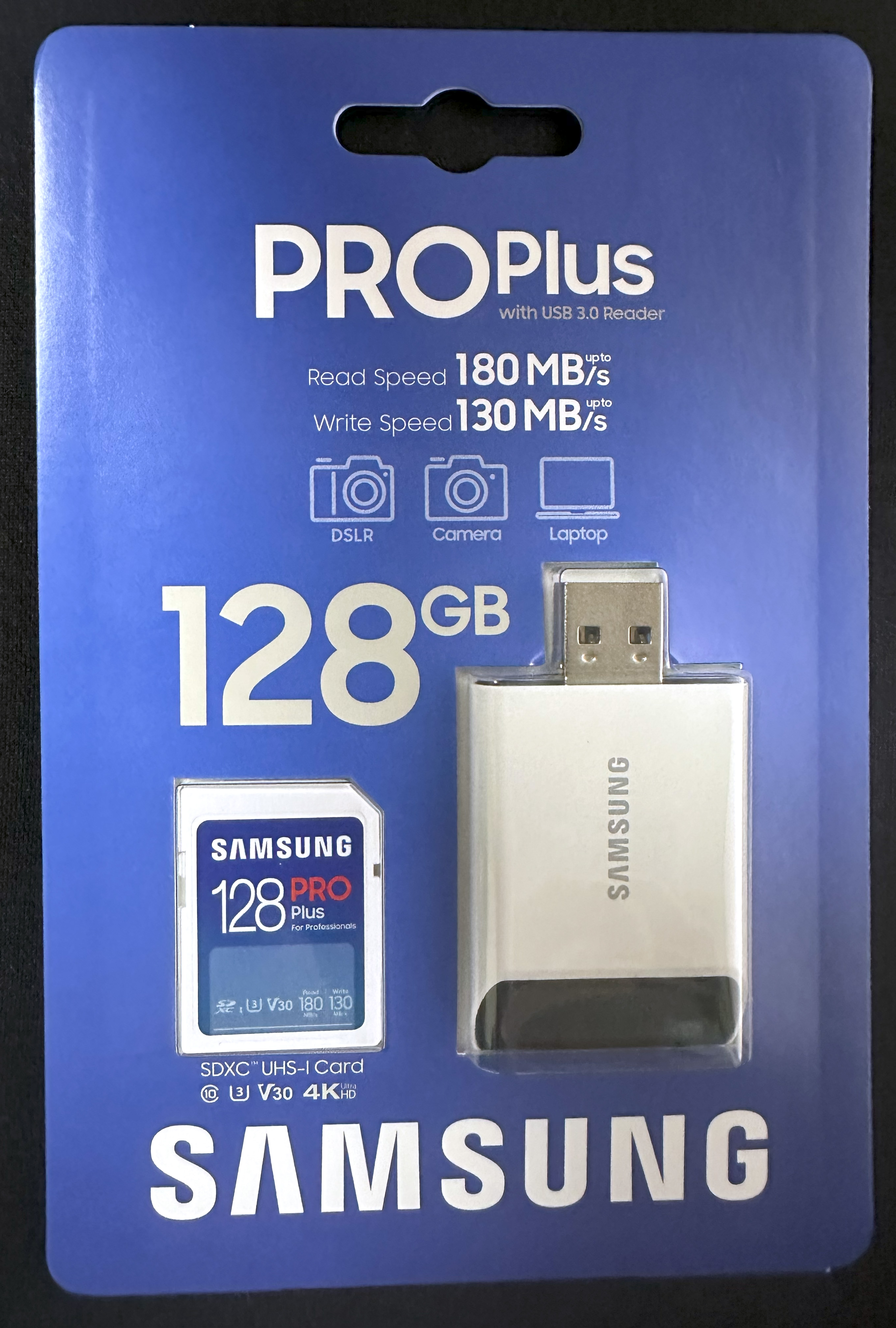 Samsung PRO Plus SDXC UHS-I 128GB with USB 3.0 Reader (MB-SD128SB/WW) Package Front