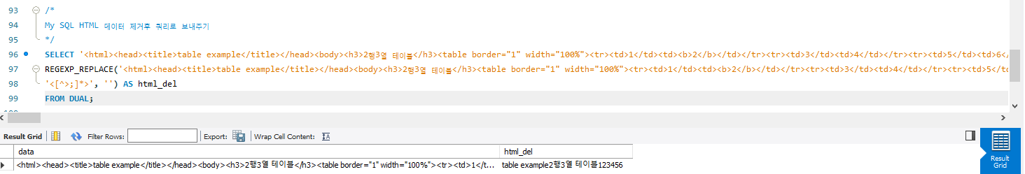 mysql HTML 제거후 쿼리 실행결과