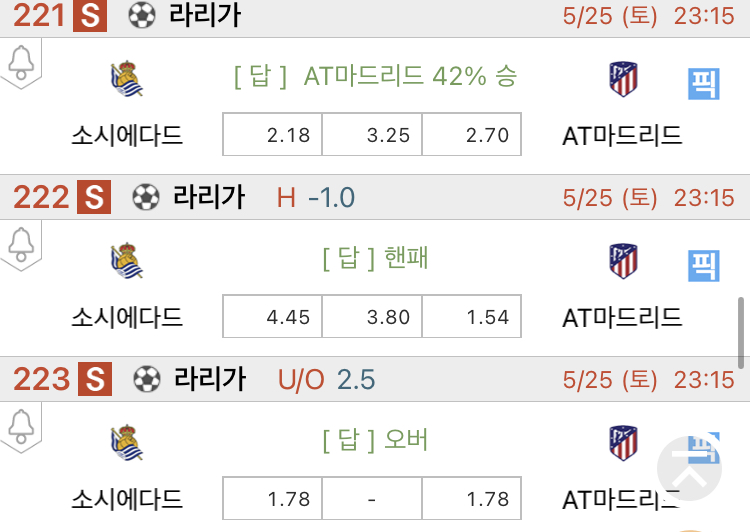 [진짜총판] 5월25일 소시에다드 VS AT마드리드 축구분석