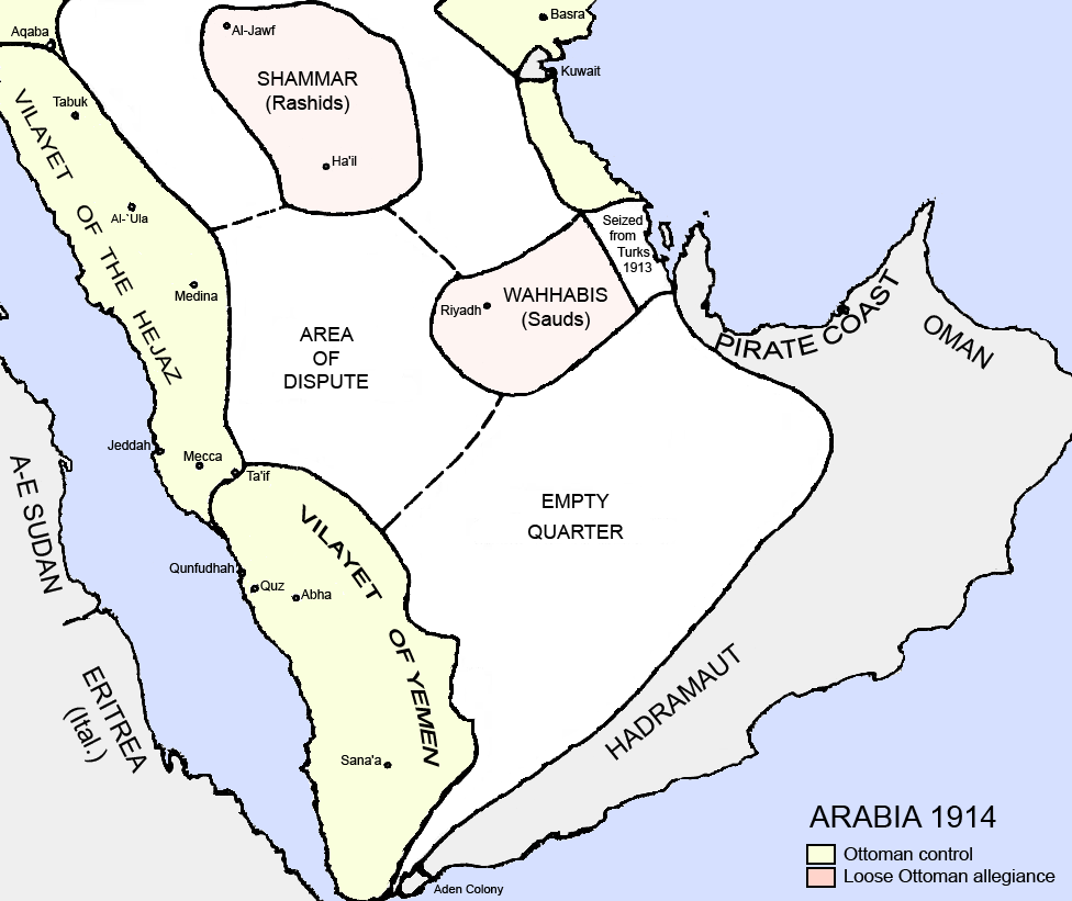 제1차 세계대전 초반 아라비아 반도 지도