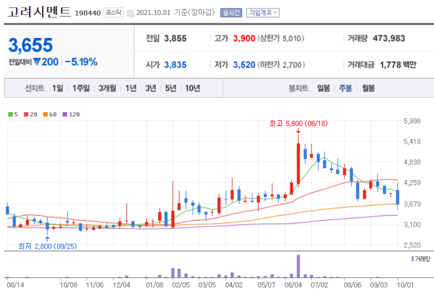 시멘트 관련주 대장주