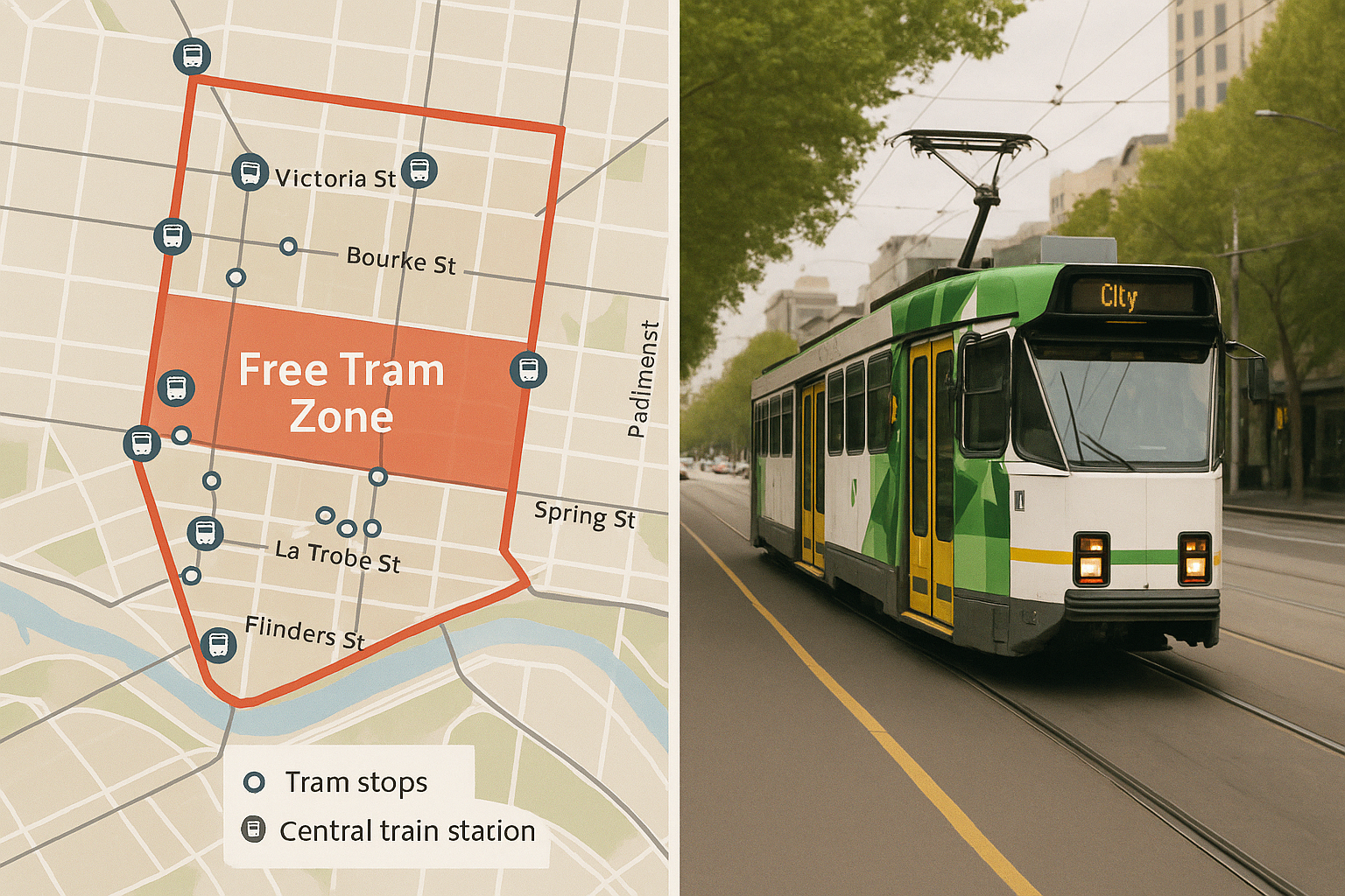 멜버른 시내 Free Tram Zone 지도 캡처 + 트램 모습