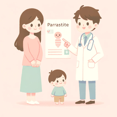 A doctor giving advice to a parent and child about parasite prevention.