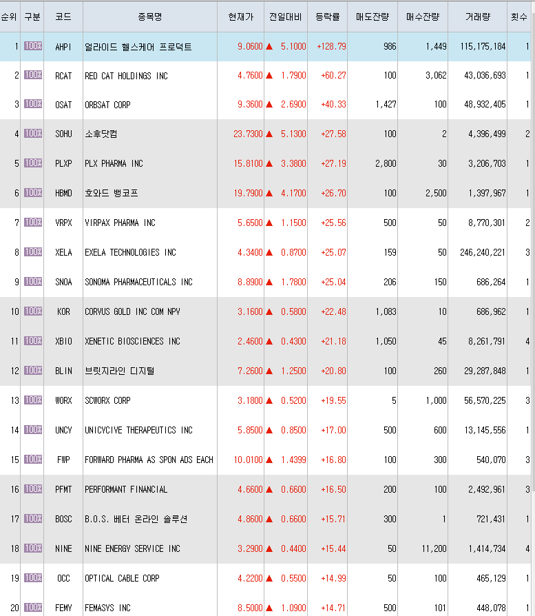  7월13일 미국주식 상승률 상위 종목 TOP 300