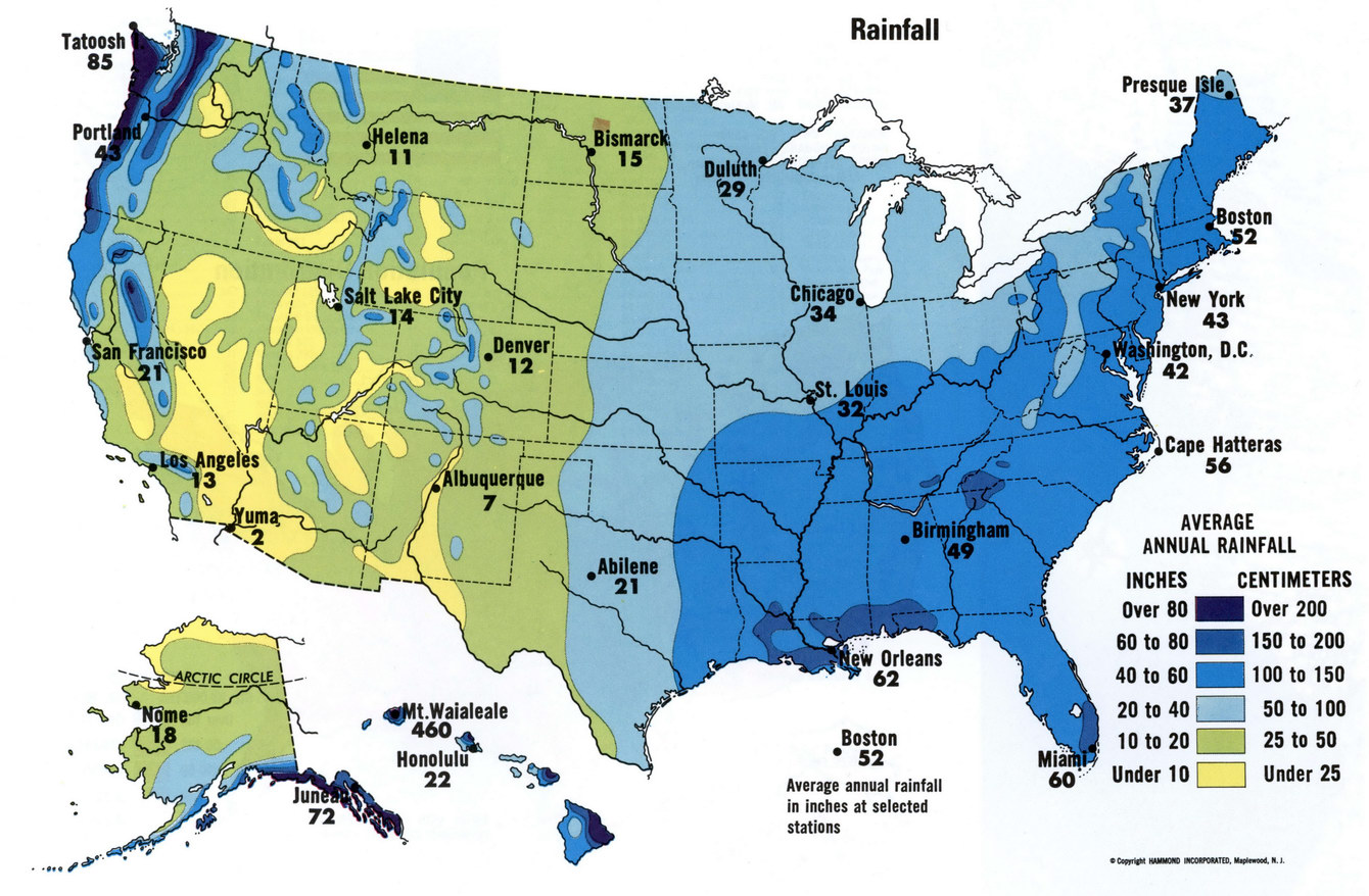 미국 연간 강수량 분포