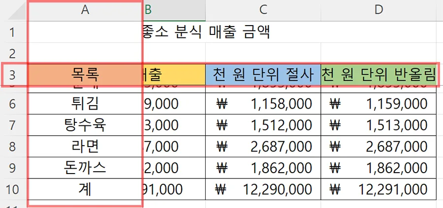 엑셀에서 틀 고정을 해서 열이 고정된 모습