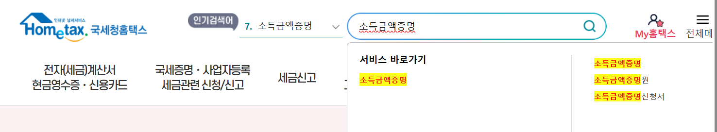 홈택스 소득금액증명 검색