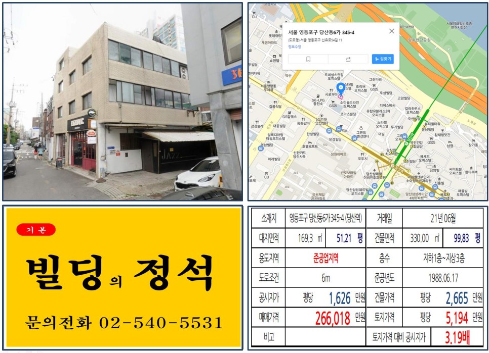  [영등포구 20억 올근생 꼬마빌딩 실거래가 조회] 당산동6가 345-4 (당산역) 26억 6,018만 원, 평당 5,194만 원 매매되었습니다.