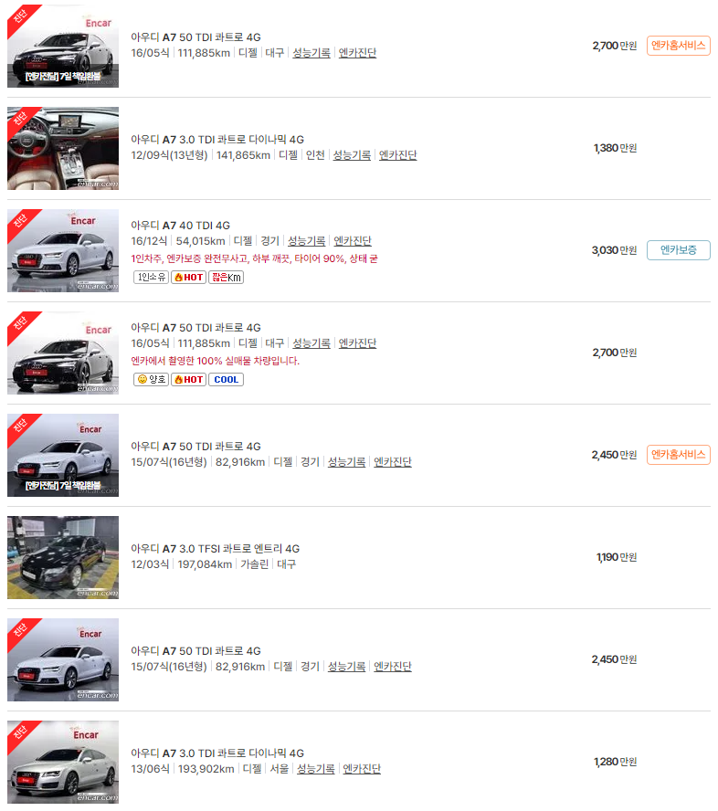 아우디 A7(10~17년식) 중고차 가격