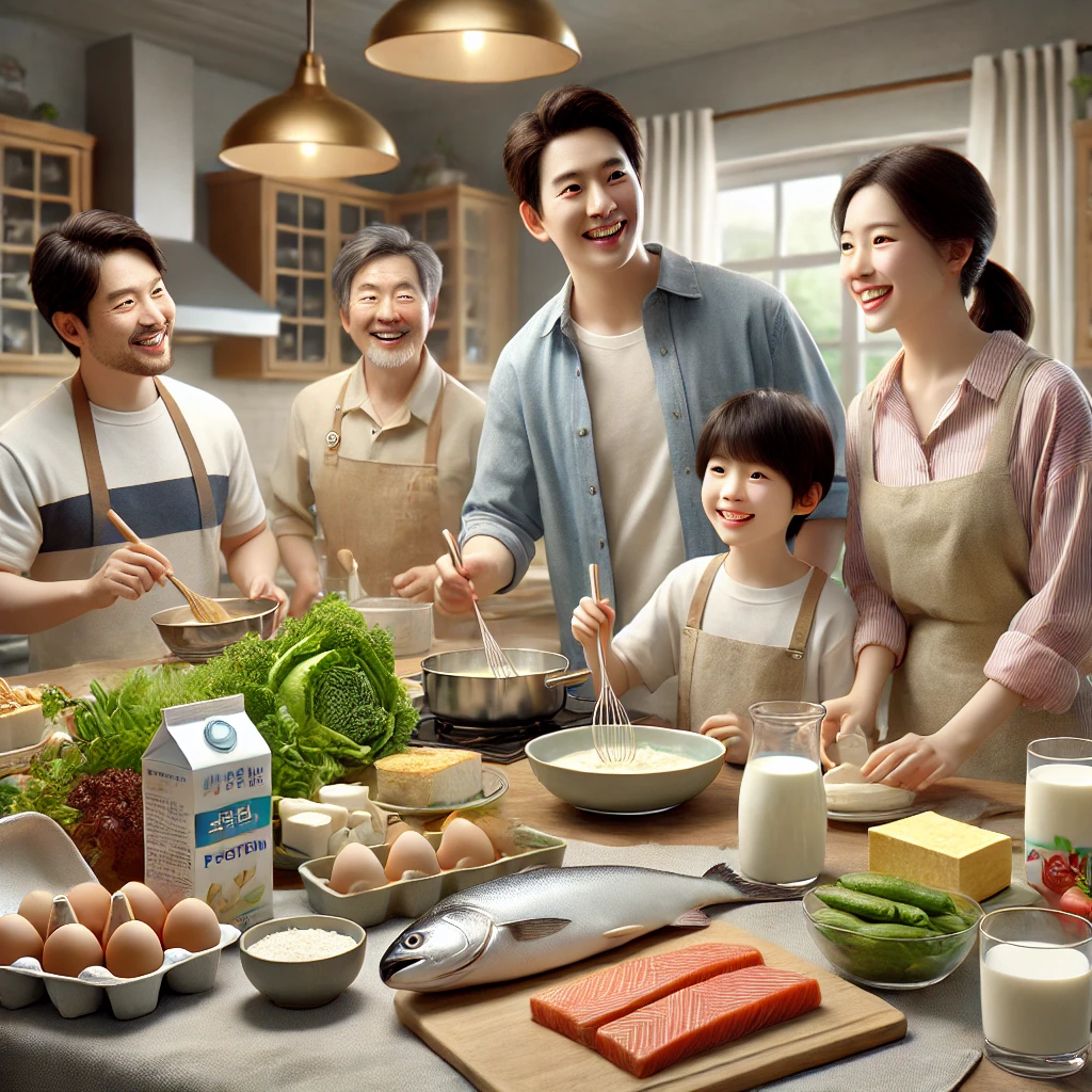 계란, 생선, 두부, 우유 등 단백질이 풍부한 식단을 준비하는 한국인 가족. 건강한 식사를 준비하며 미소 짓는 모습