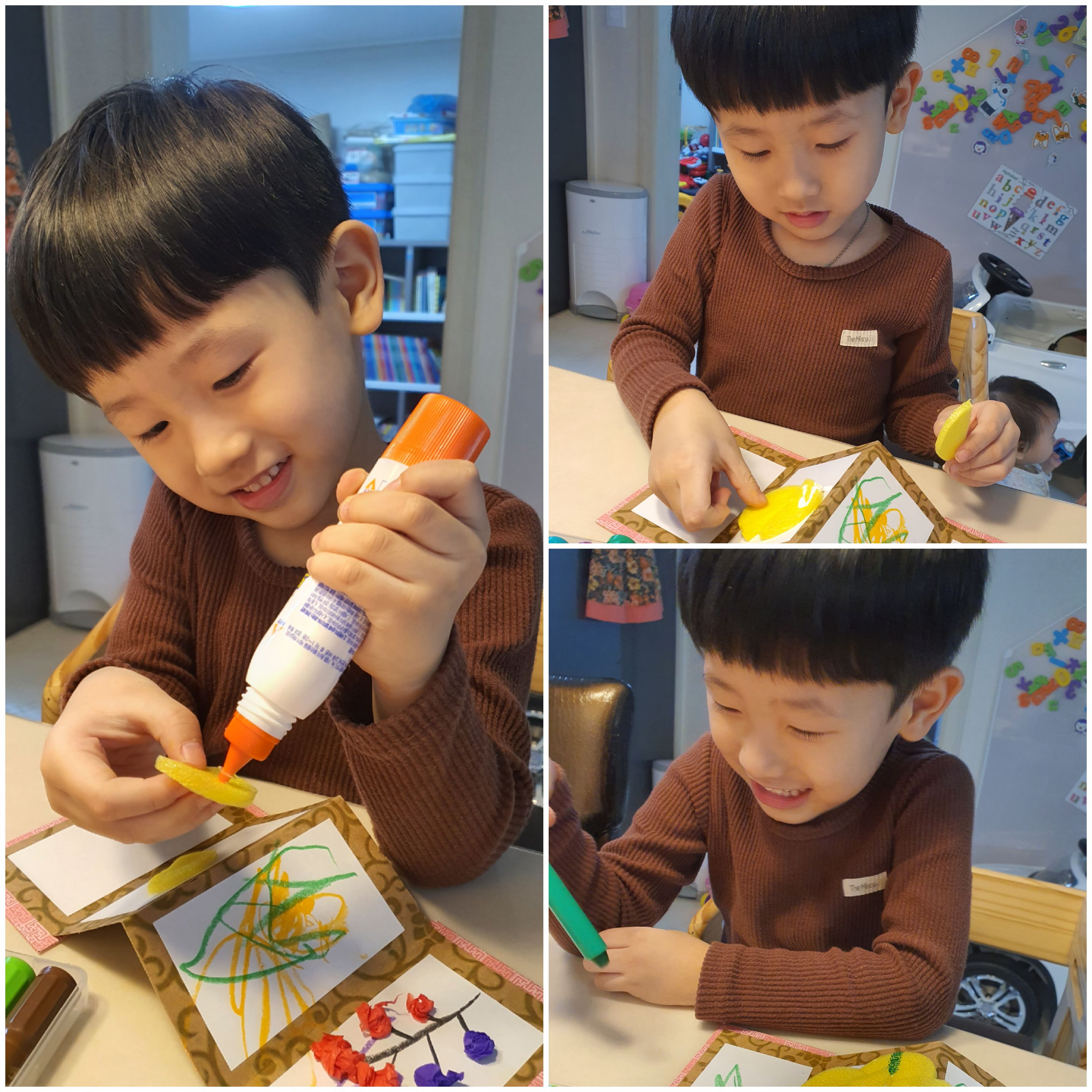  5살 아이  집콕놀이 사군자 병풍 만들기