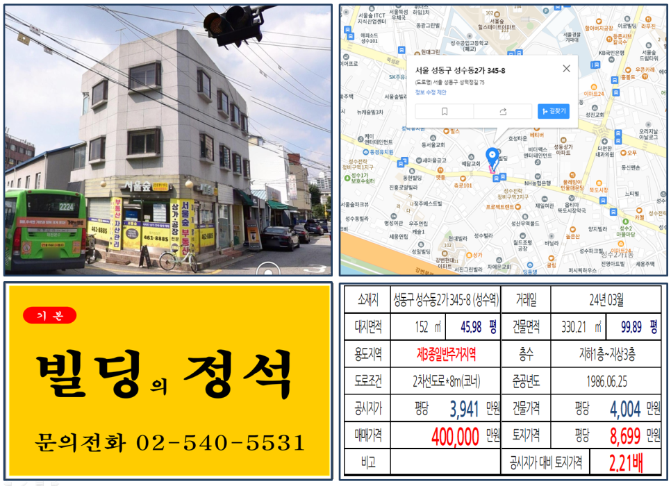  성동구 성수전략정비구역 40억 꼬마빌딩 실거래가 조회 성수동2가 345-8 (성수역) 40억 원, 평당 8699만 원 매매되었습니다.