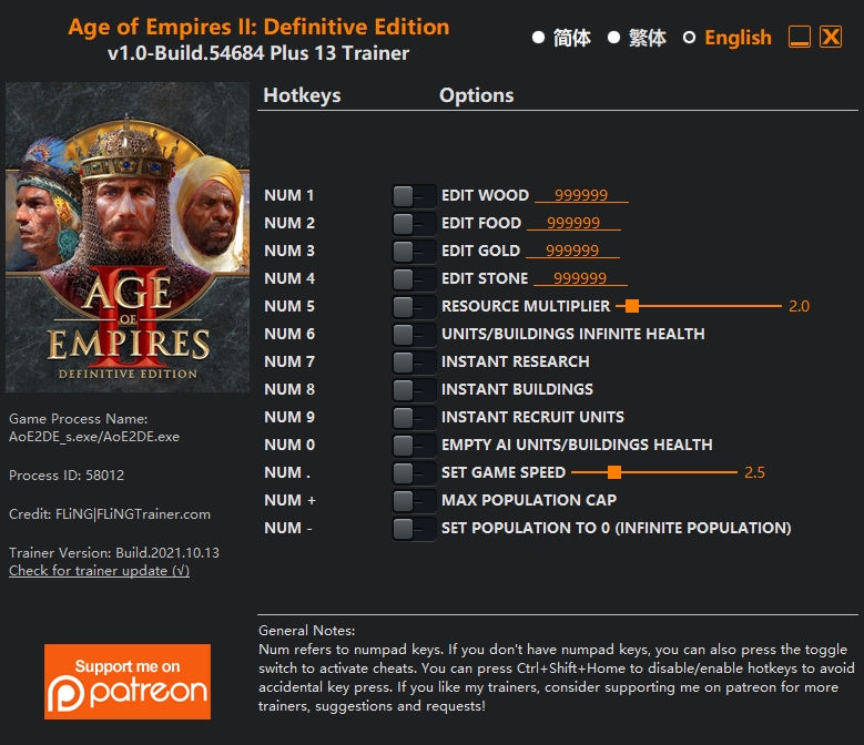  [트레이너] 한글판 에이지 오브 엠파이어2 최신 영문판 Age of Empires II Definitive Edition v1.0-Build.54684 Plus 13 Trainer