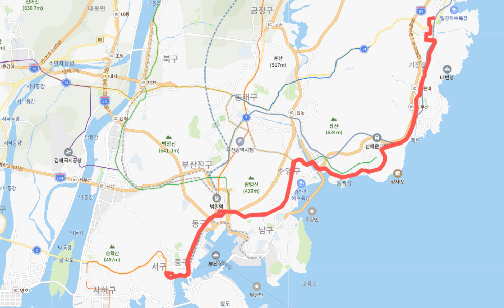  [급행]부산 1003번 버스노선, 시간표 : 기장, 청강리, 송정해수욕장, 해운대, 백병원, 광안역, 부산역, 부산대병원