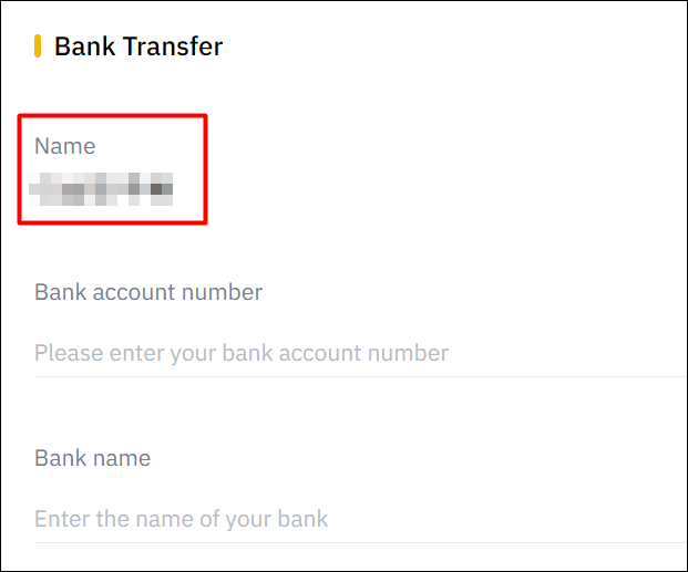 Bank Transfer 창에서 이름 정보를 확인하는 것을 설명하는 사진