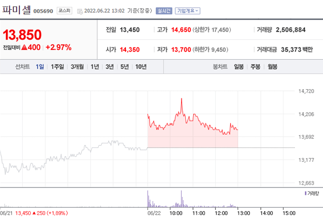 파미셀 주가