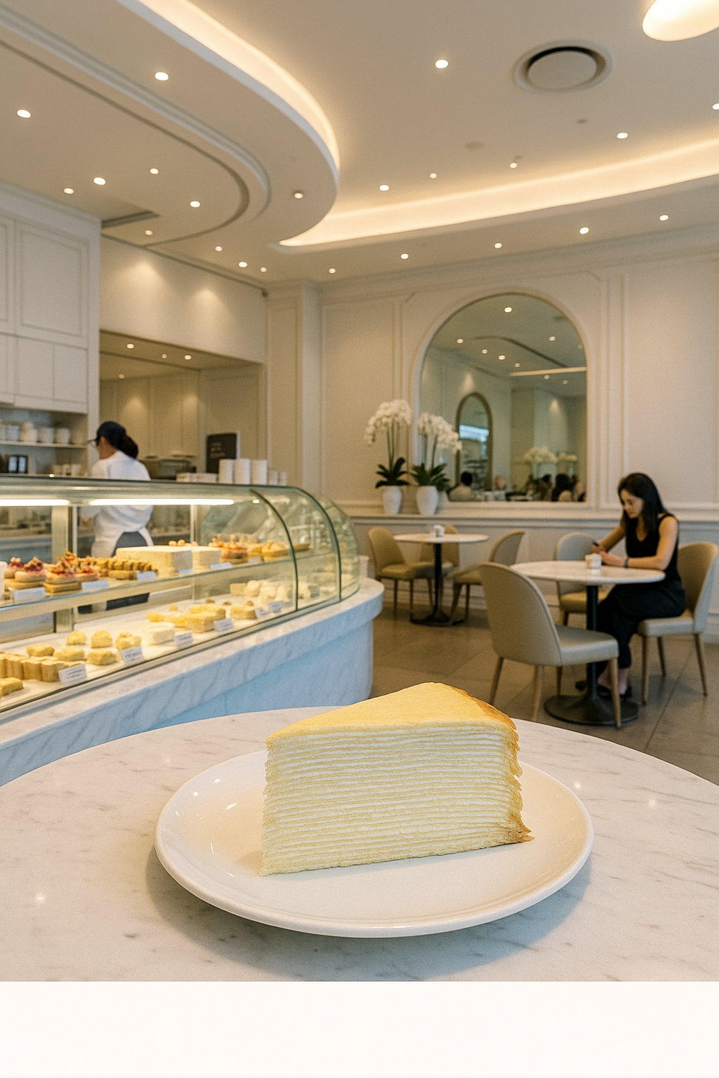 Orchard Central 매장 내부 전경 + 얇게 겹쳐진 밀크 크레이프 케이크 클로즈업