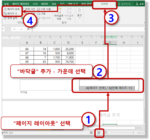 바닥글 - 가운데 구역 - 페이지 번호 설정