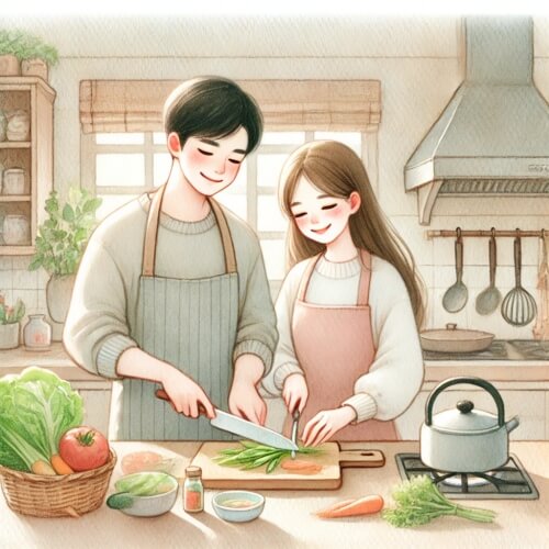 신선한 채소로 요리를 하고 있는 커플 이미지
