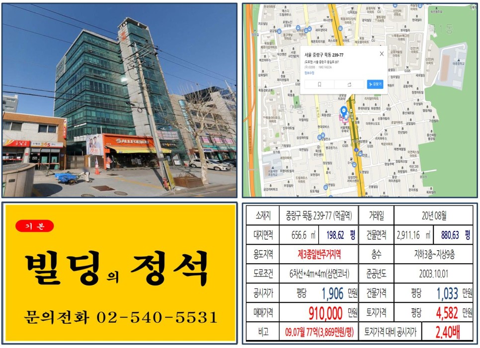  [중랑구 7호선 역출구 대로변 랜드마크빌딩 실거래가 조회] 묵동 239-77 (먹골역) 91억 원, 평당 4,582만 원, 올포유, 묵동아이파크