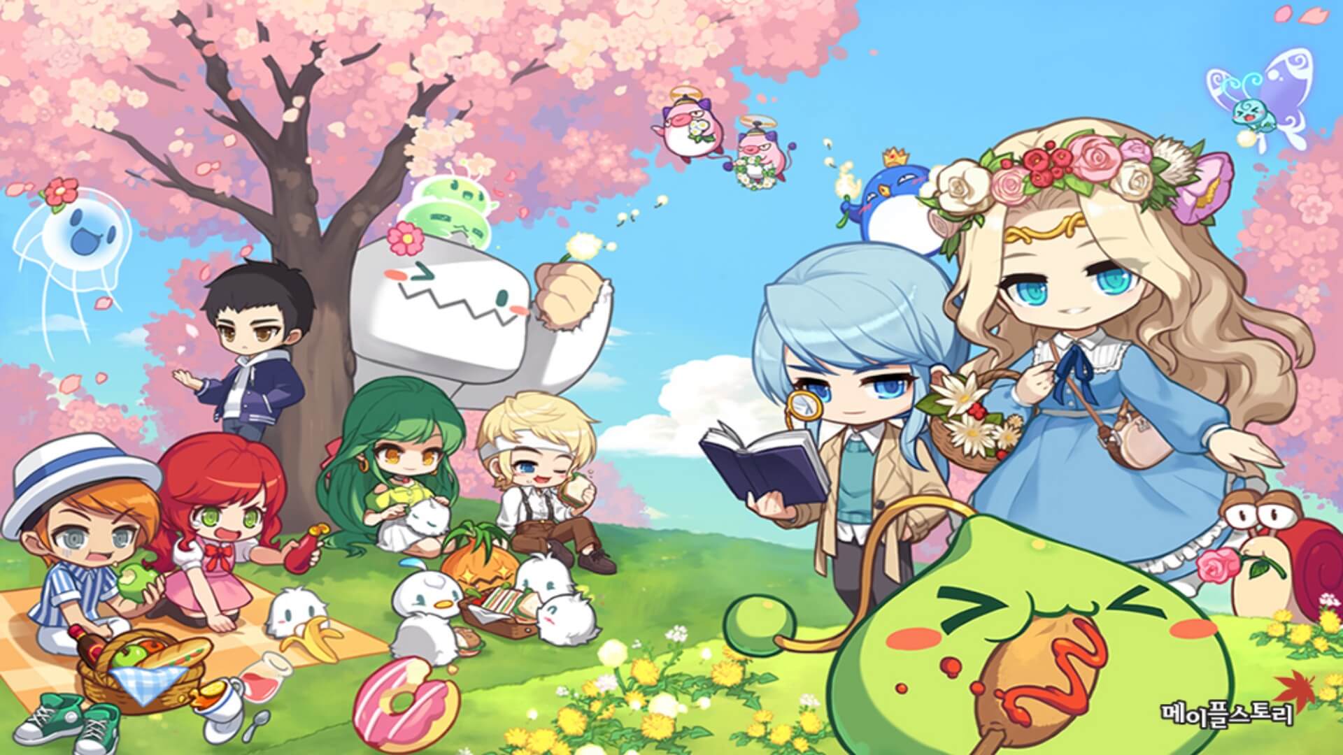 메이플스토리 포스터 벚꽃 동산에 7명의 캐릭터와 귀여운 몬스터들