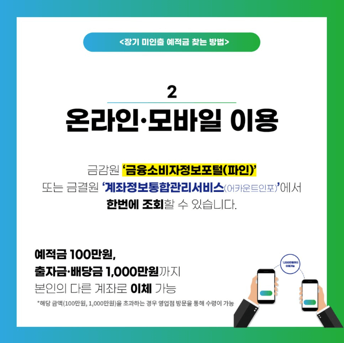  휴먼계좌통합조회로 예금, 출자금, 배당금을 한번에 찾자 :장기 미인출 예적금 찾아주기 캠페인